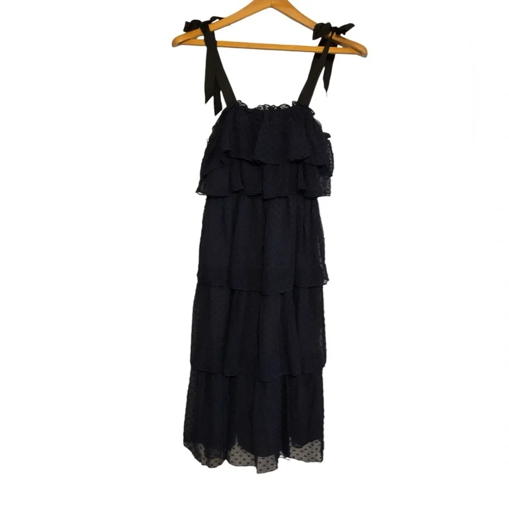 J.Crew Navy Blue Polka Dot Spaghetti Strap Sundress Size layered Ruffles Size 4‎